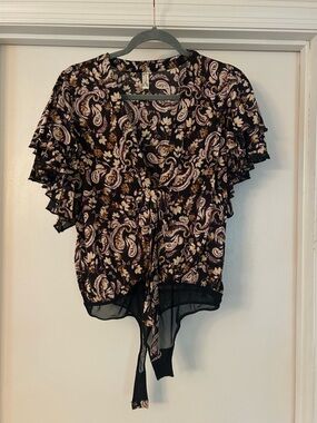 We The Free Black Paisley Tie-Front Ruffle Bodysuit